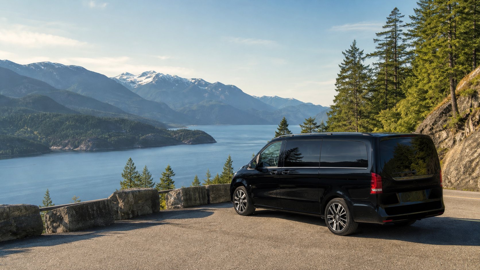 Illustrative summer view of a private black passenger van beside Howe Sound on the Sea-to-Sky route
